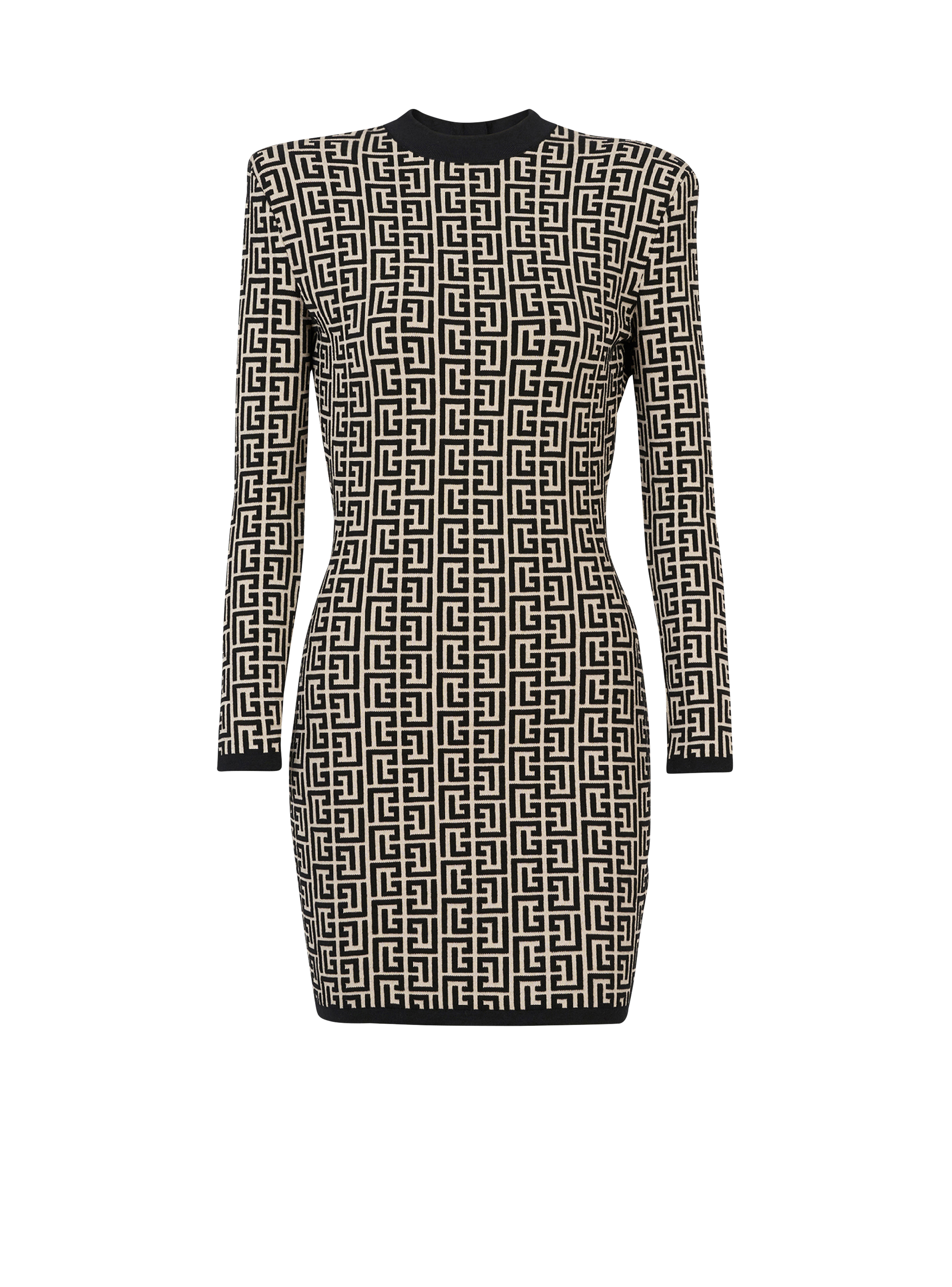 Short bicolor jacquard dress with Balmain monogram, black