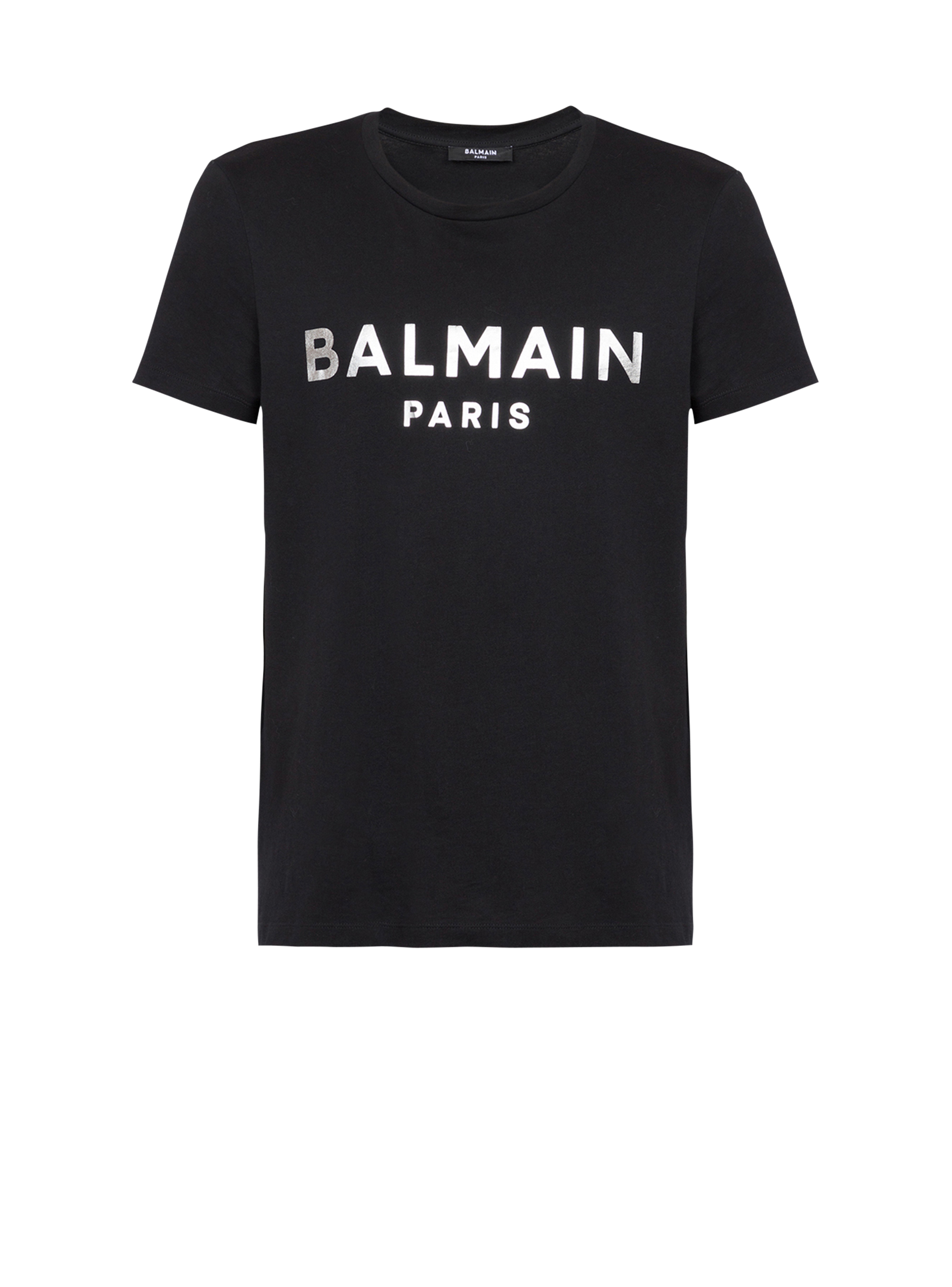 Eco-designed cotton T-shirt with Balmain Paris logo print, silver