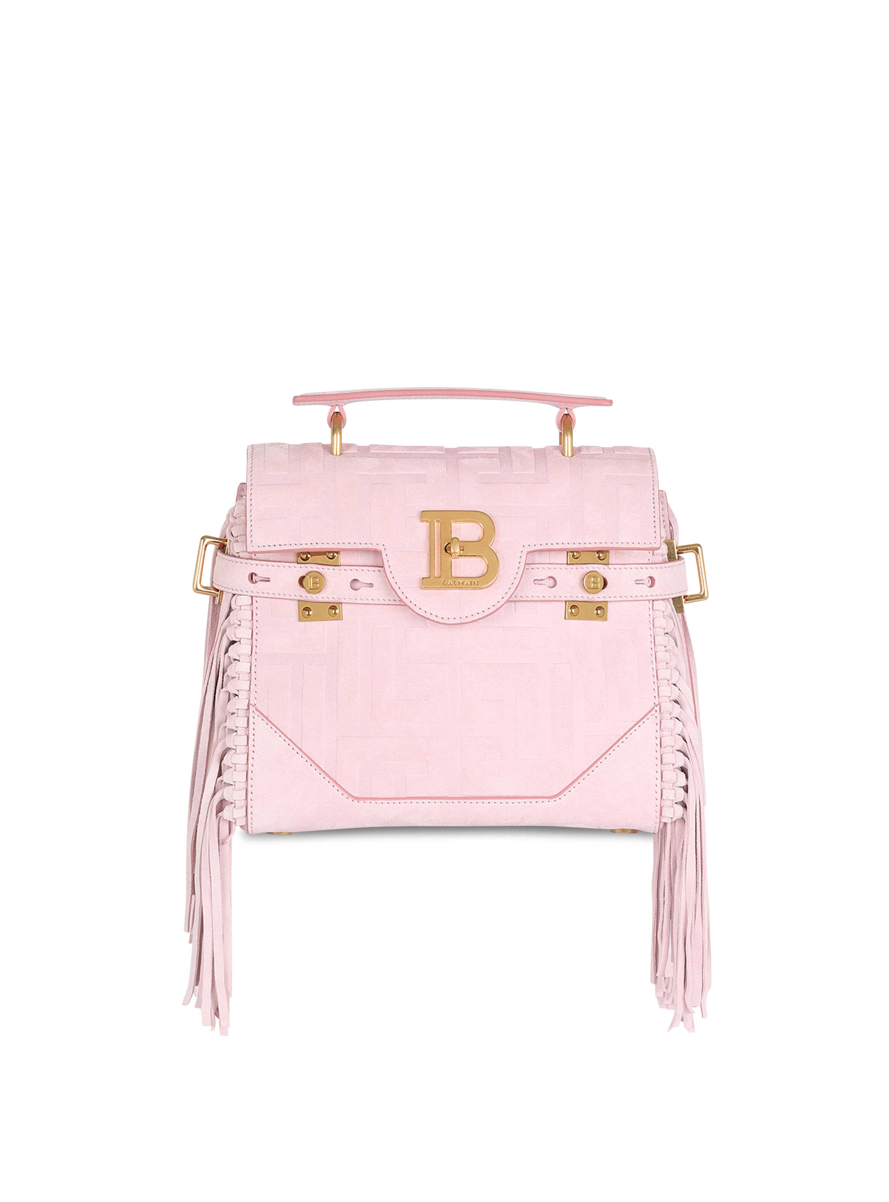 Pink embossed suede B-Buzz 23 bag with fringe, pink