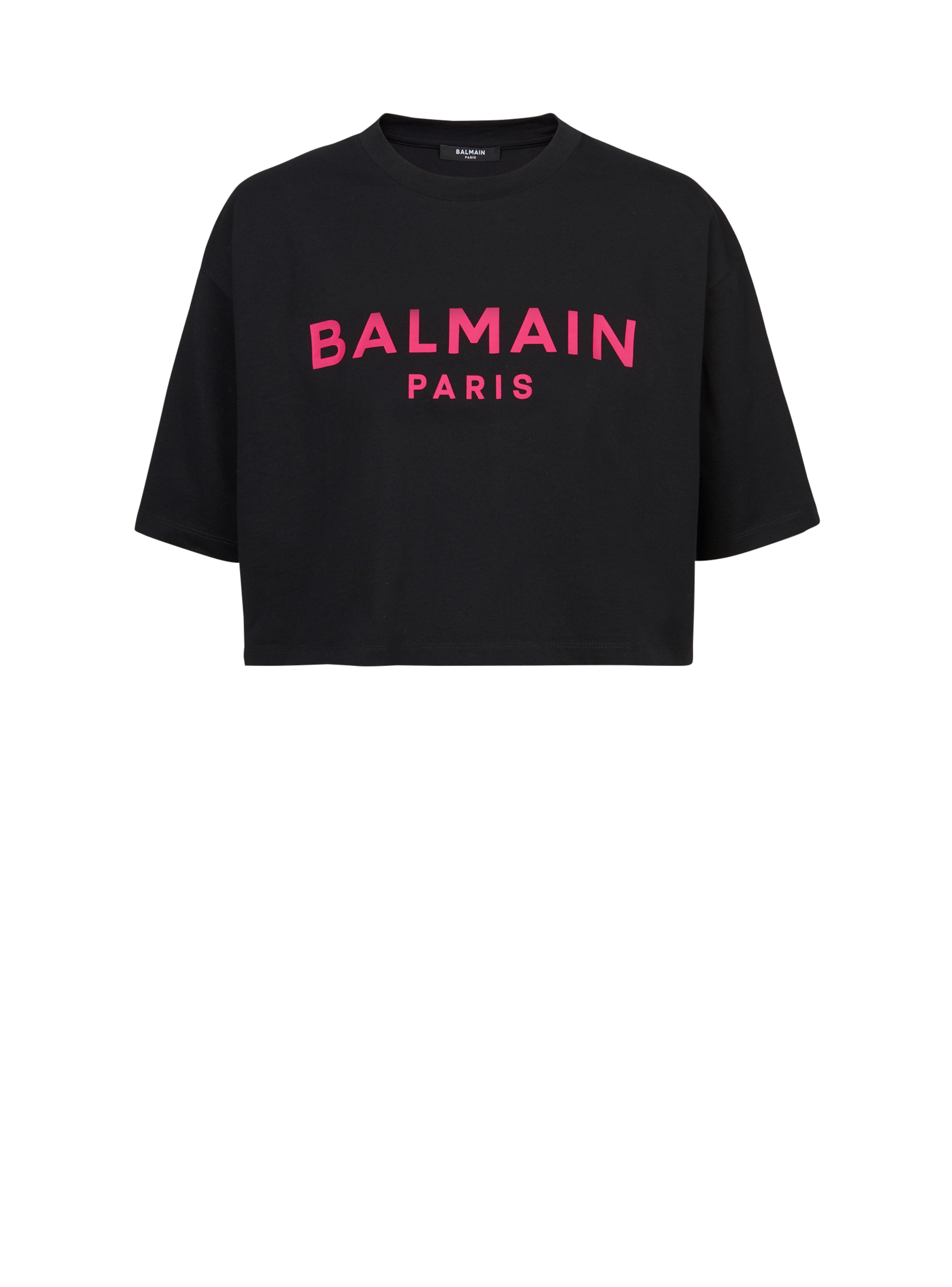 EXCLUSIVE - Cropped cotton T-shirt with Balmain logo print, pink