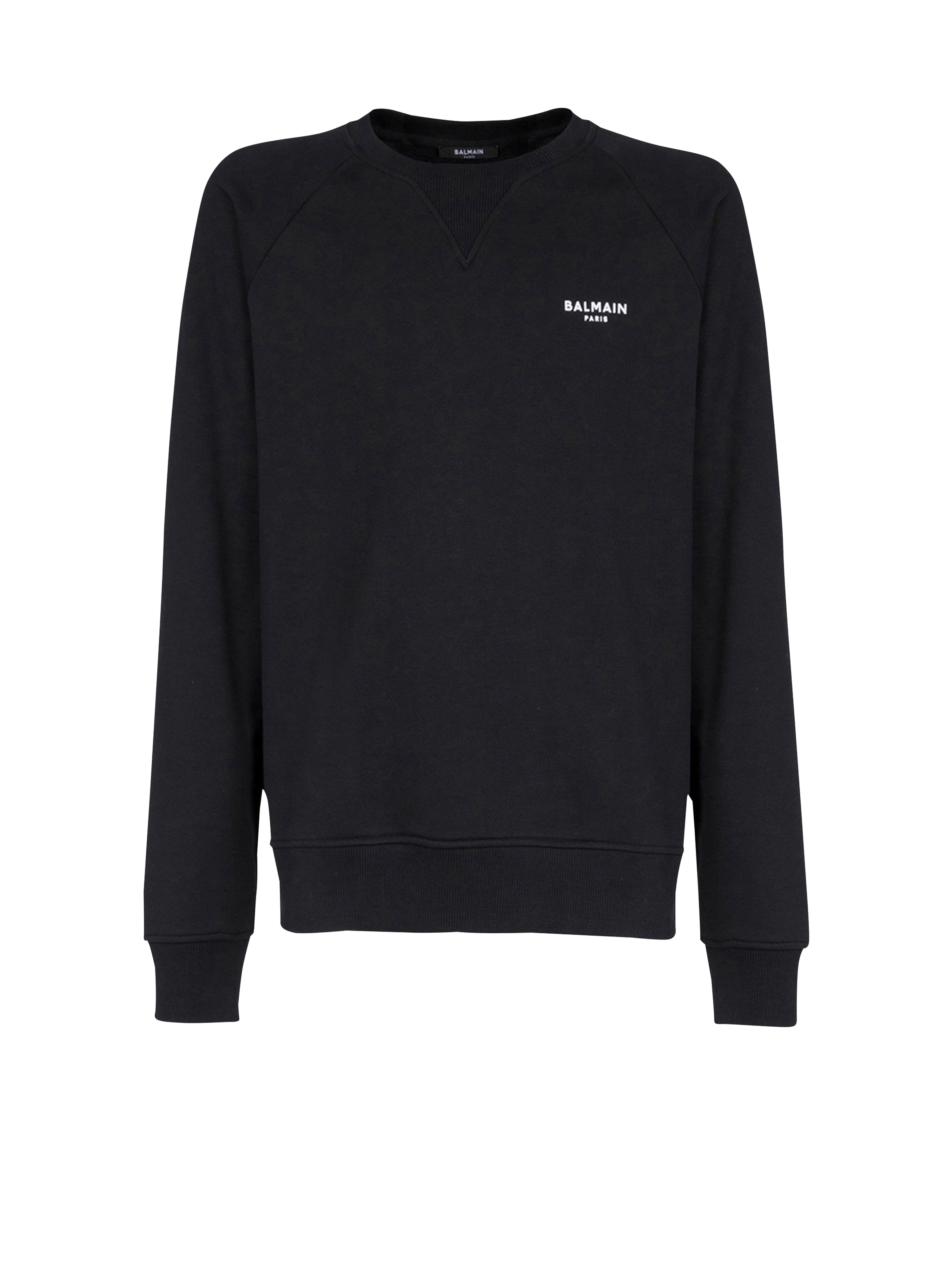 Eco-designed cotton sweatshirt with small flocked Balmain Paris logo, black