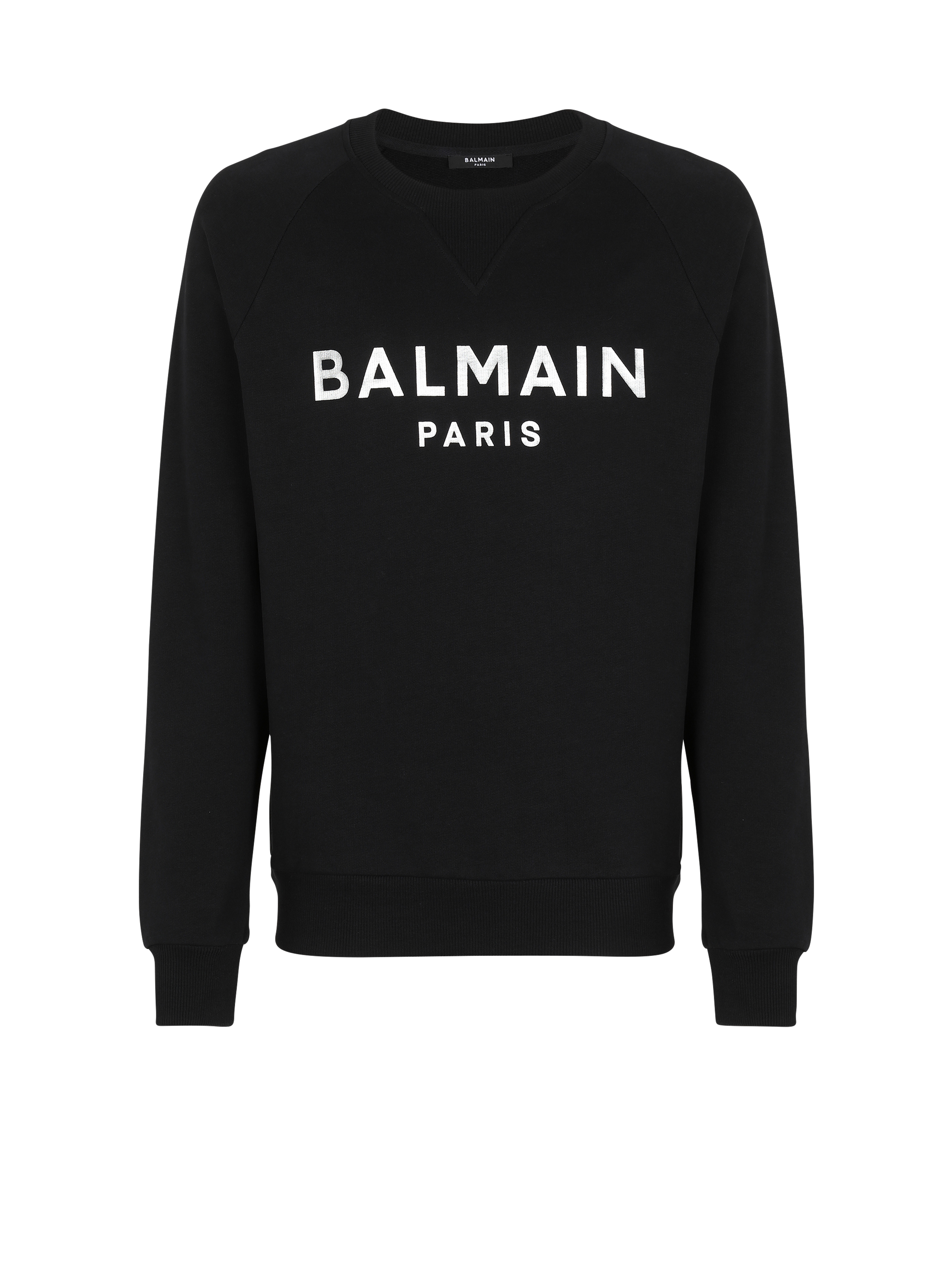 Eco-designed cotton sweatshirt with Balmain Paris metallic logo print, black