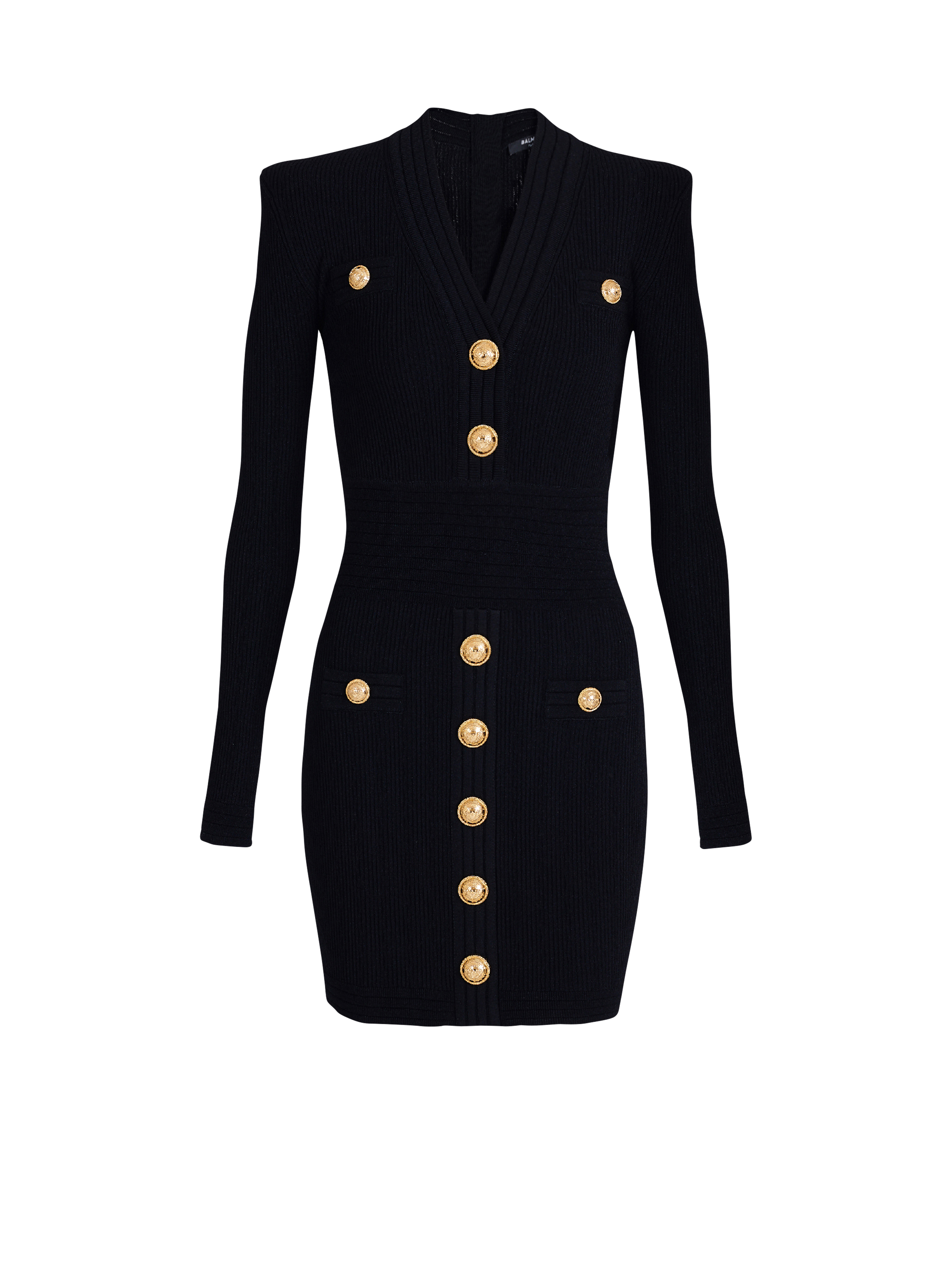 Short eco-designed knit dress with gold-tone buttons, black